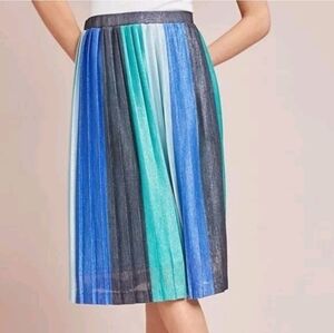 $118  Anthropologie Sunburst Pleated Midi Skirt S blue Colorblock Stripes
